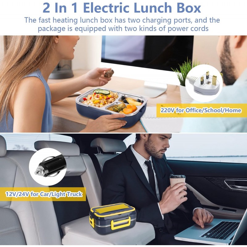 Lunch Box Chauffante, Livego 60W 2 en 1 BoîTe à Lunch éLectrique Portable, Sac de Transport Isolé 220 V 12 V/24V, Fourchette et