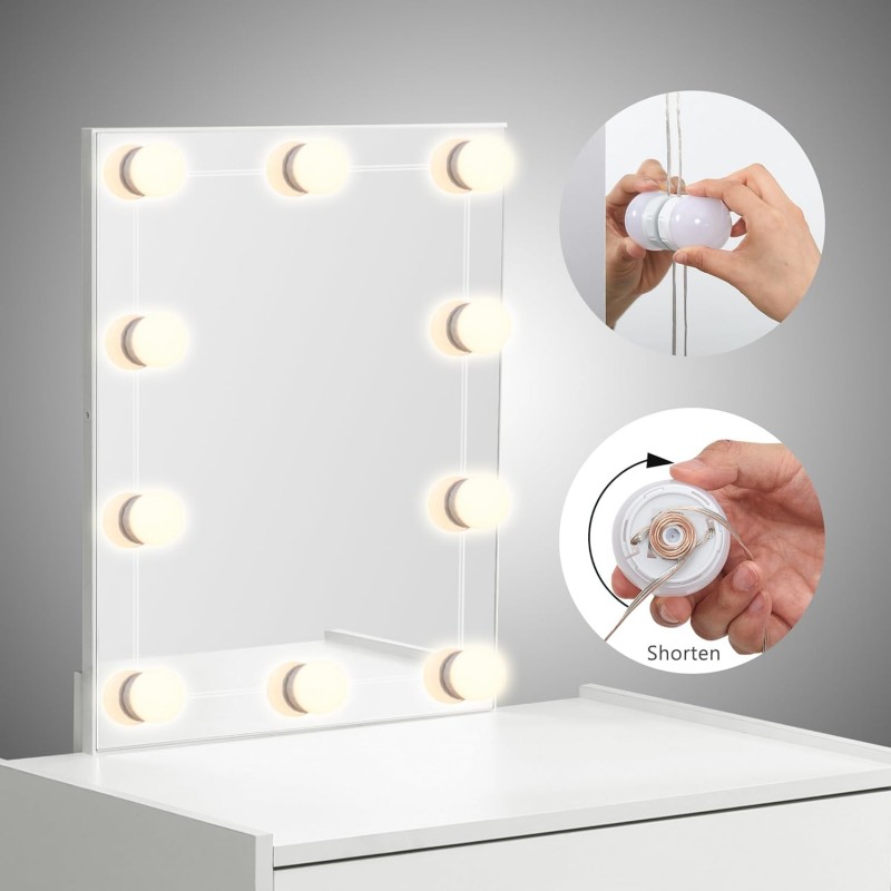 Mondeer Lumière de Miroir, 10 Ampoules Hollywood Kit de Lumière LED Dimmable Lampe pour Miroir Cosmétique Salle de Bain avec 3